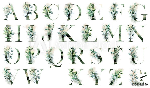 Picture of Floral alphabet letters set with watercolor leaf Monogram initials perfectly for wedding invitations greeting card logo poster and other design Holiday design hand painting
